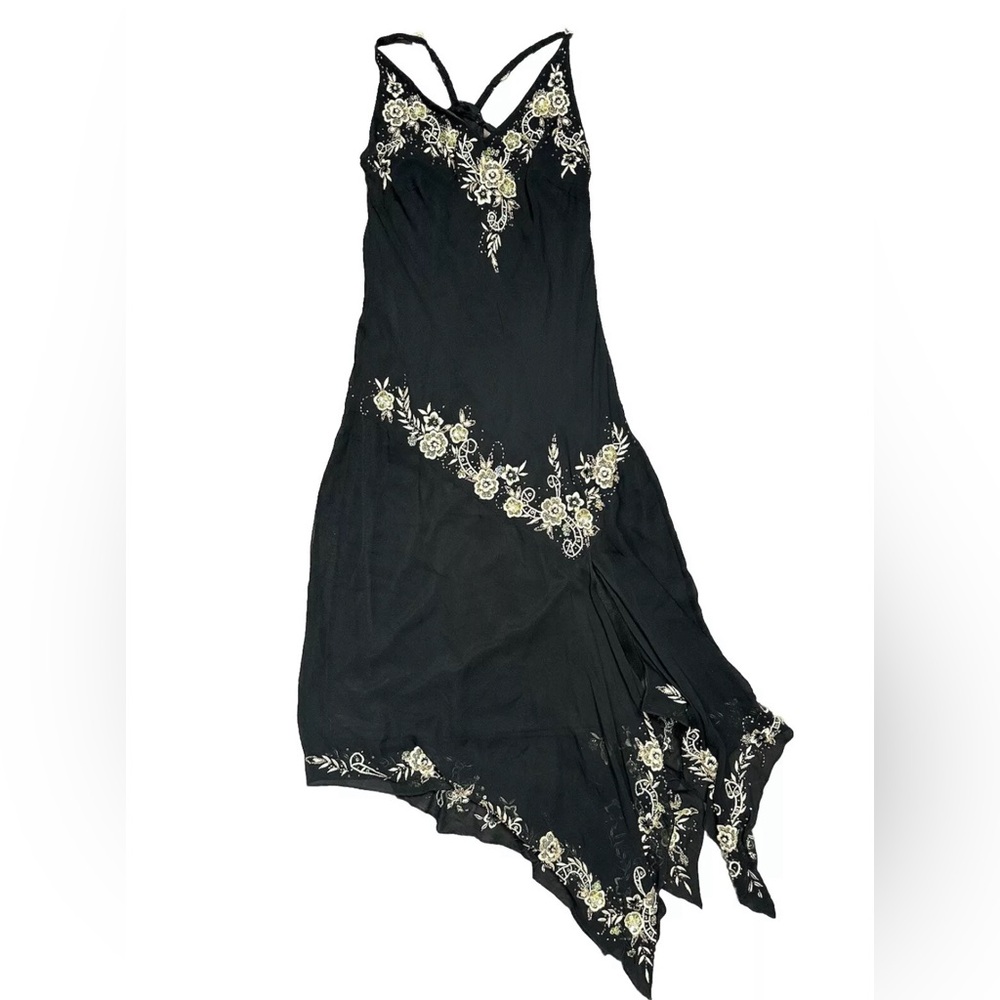 Vintage Cache Silk Floral Midi Dress Beaded Embroidered Asymmetrical Fairy 10